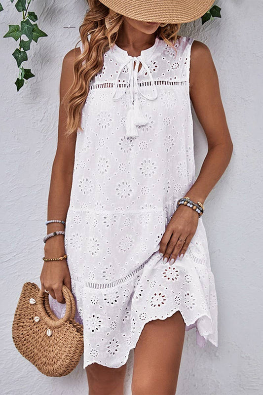 CWDSD3520_HOLLOW EMBOSSED SLEEVELESS SHORT DRESS