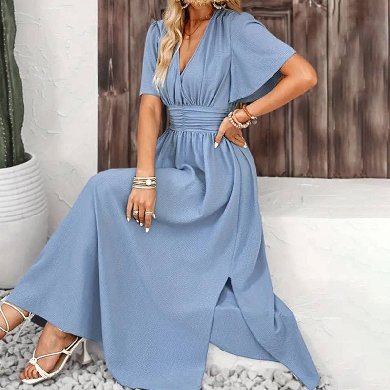 Waist dress with ruffled sleeves high slit