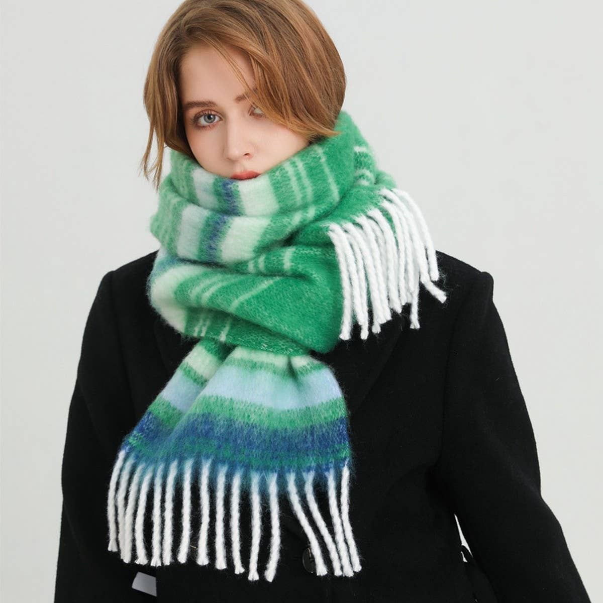 Color Stripe Fluffy Tassel Scarf for Winter