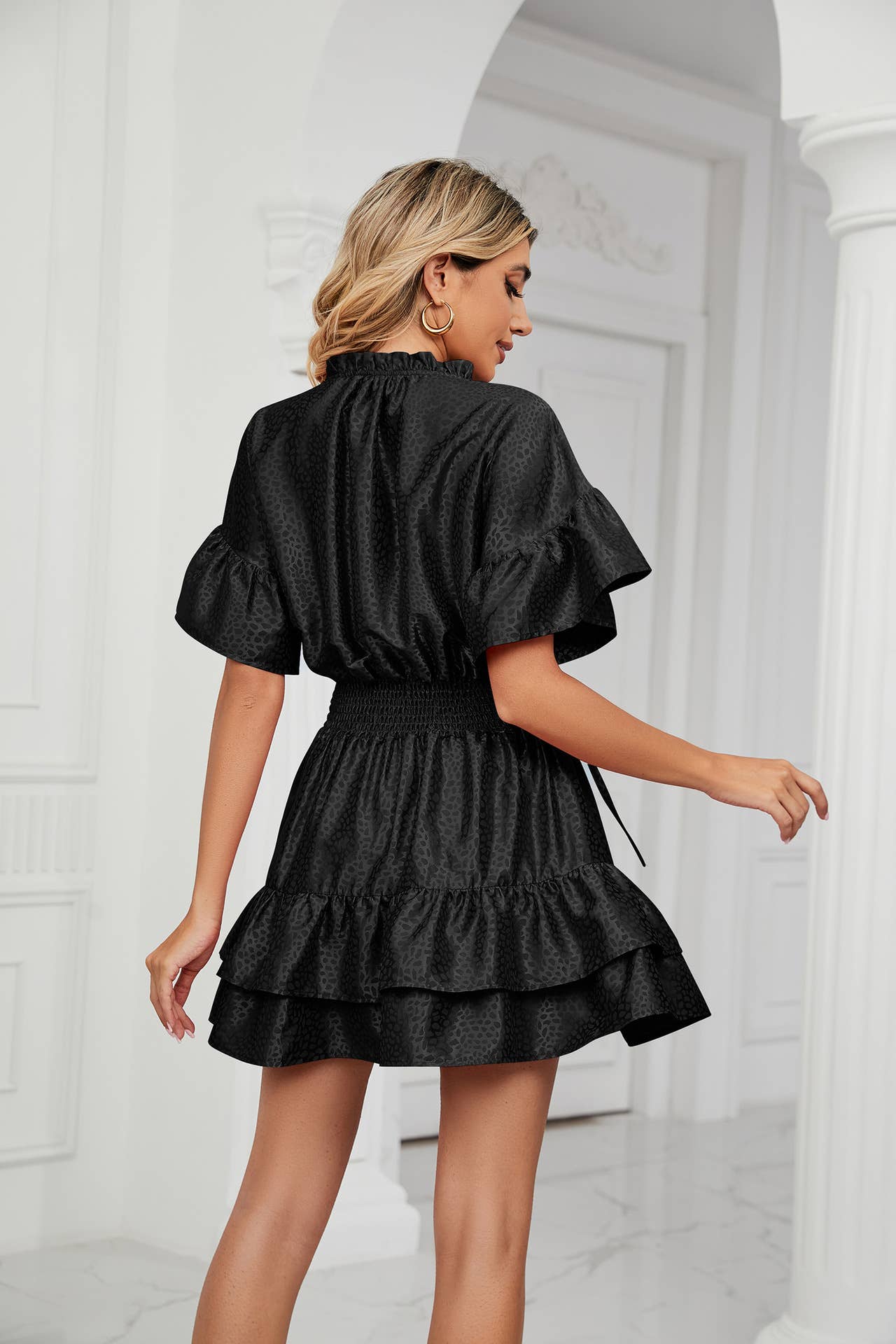 SATIN WAISTLINE V-NECK RUFFLED SKIRT DRESS