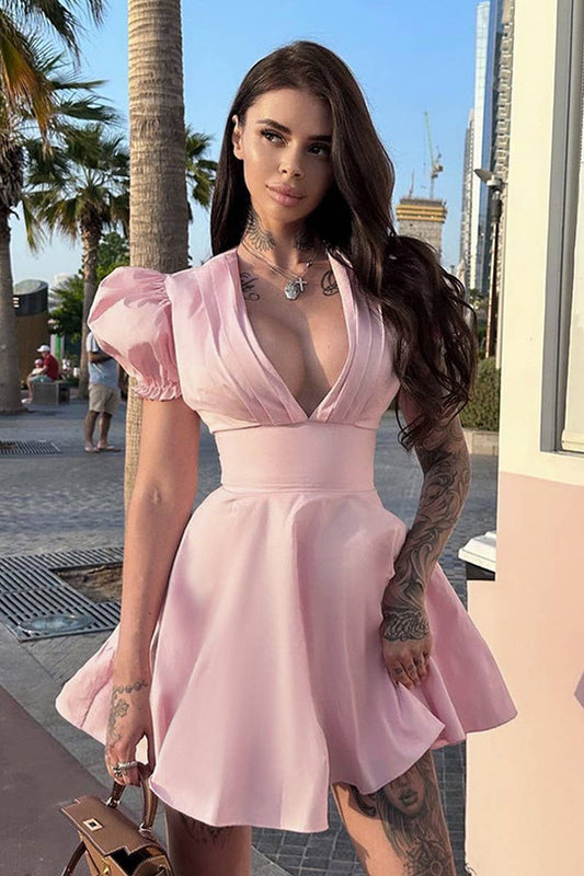 CWDSD6732_TEMPERAMENT PUFF SLEEVE WAIST V-NECK SEXY DRESS
