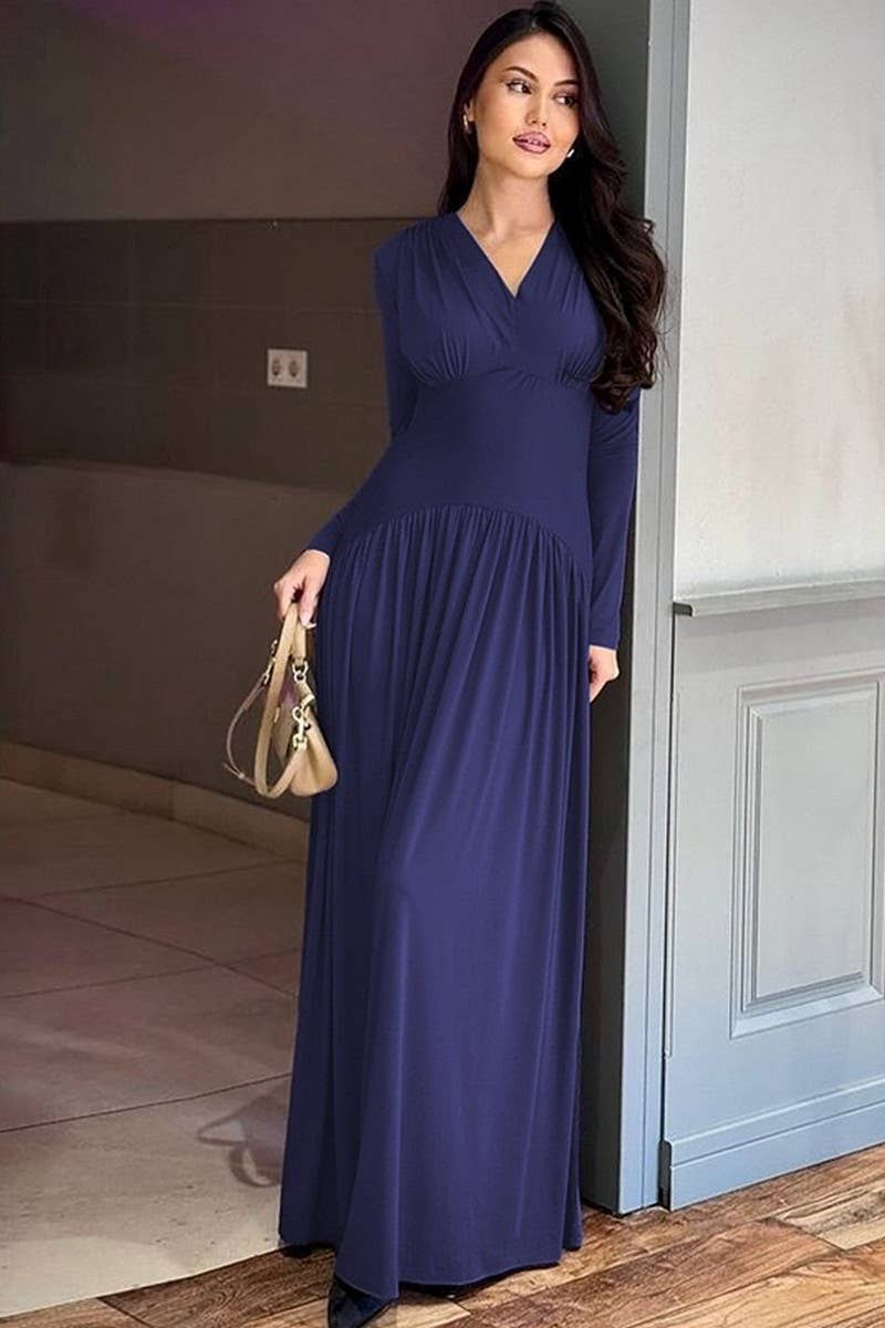 CWDMD01205_V NECK RUCHED WAIST SOLID MAXI DRESS