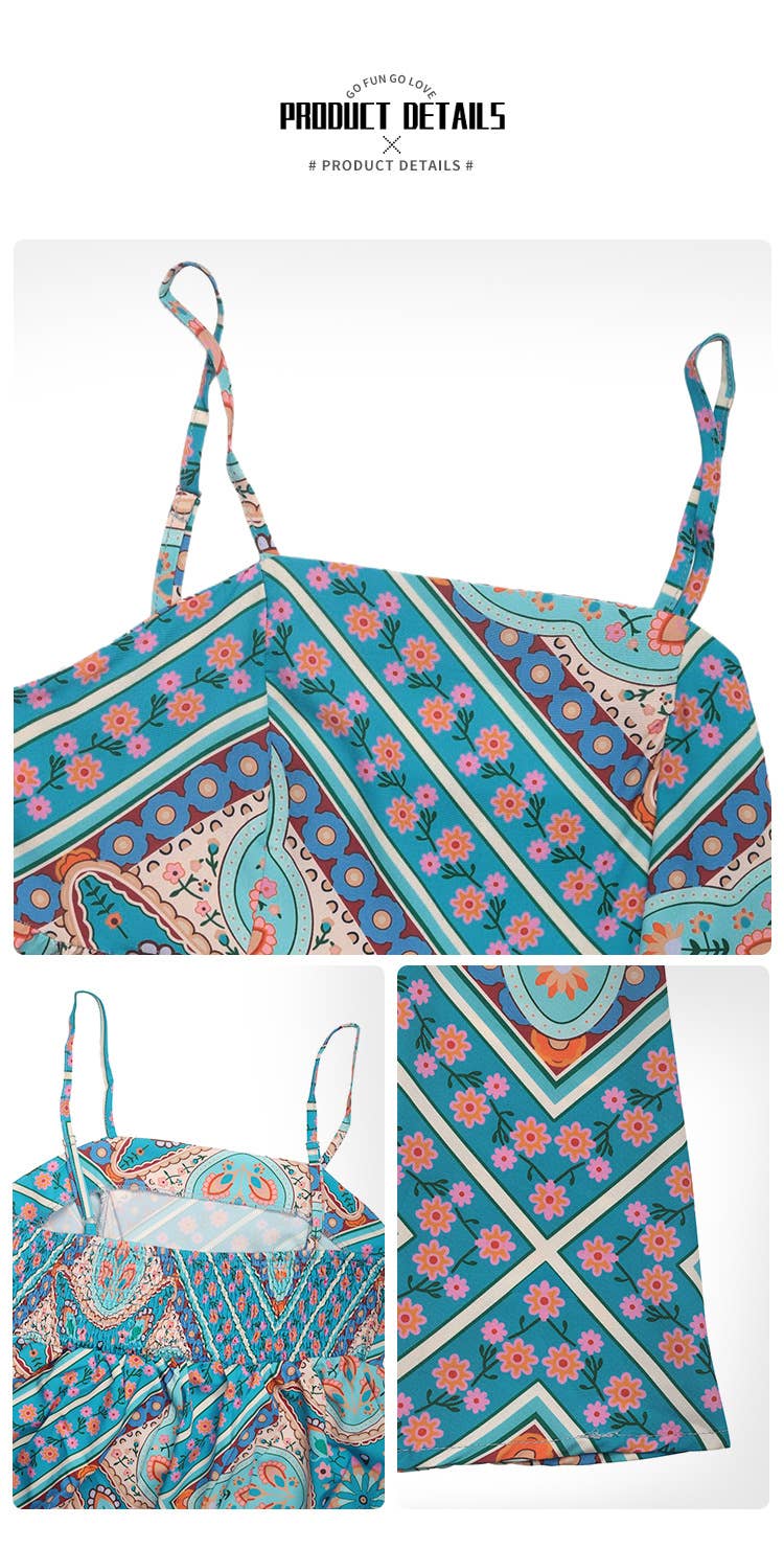 ETHNIC PRINT HIGH-WAISTED HALTER LOOSE DRESS