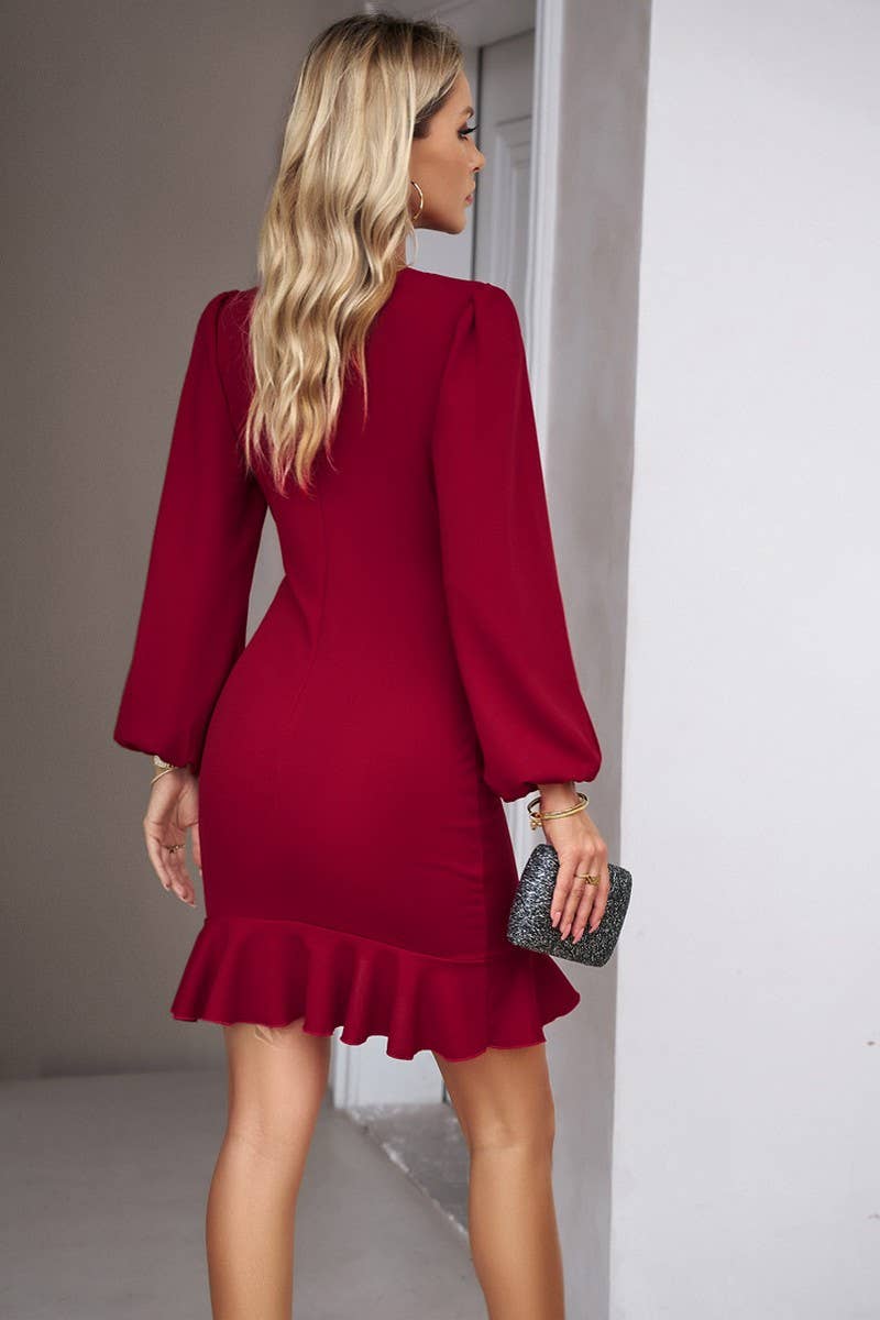 CWDSD6489_ROUND NECK SHIRRED PUFF SLEEVE SOLID DRESS