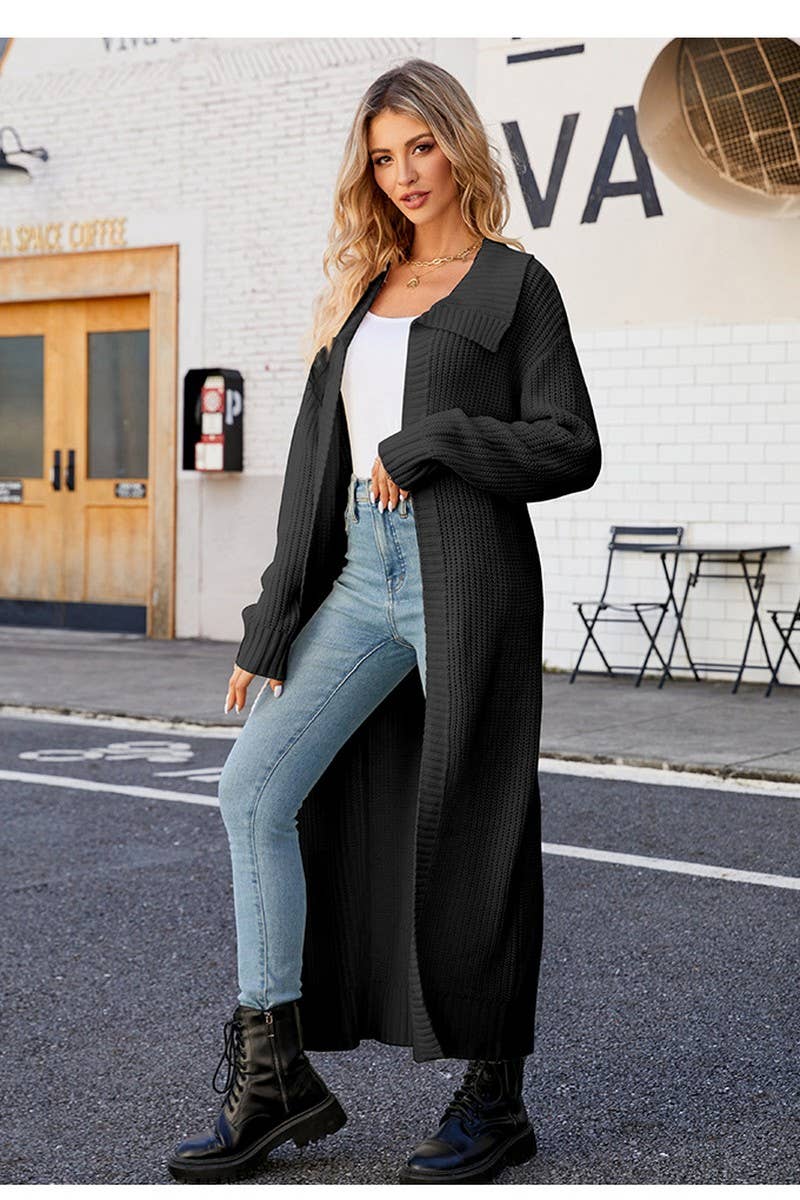 CWOCAL0753_SOLID COLOR LAPEL LONG SWEATER KNITTED CARDIGAN