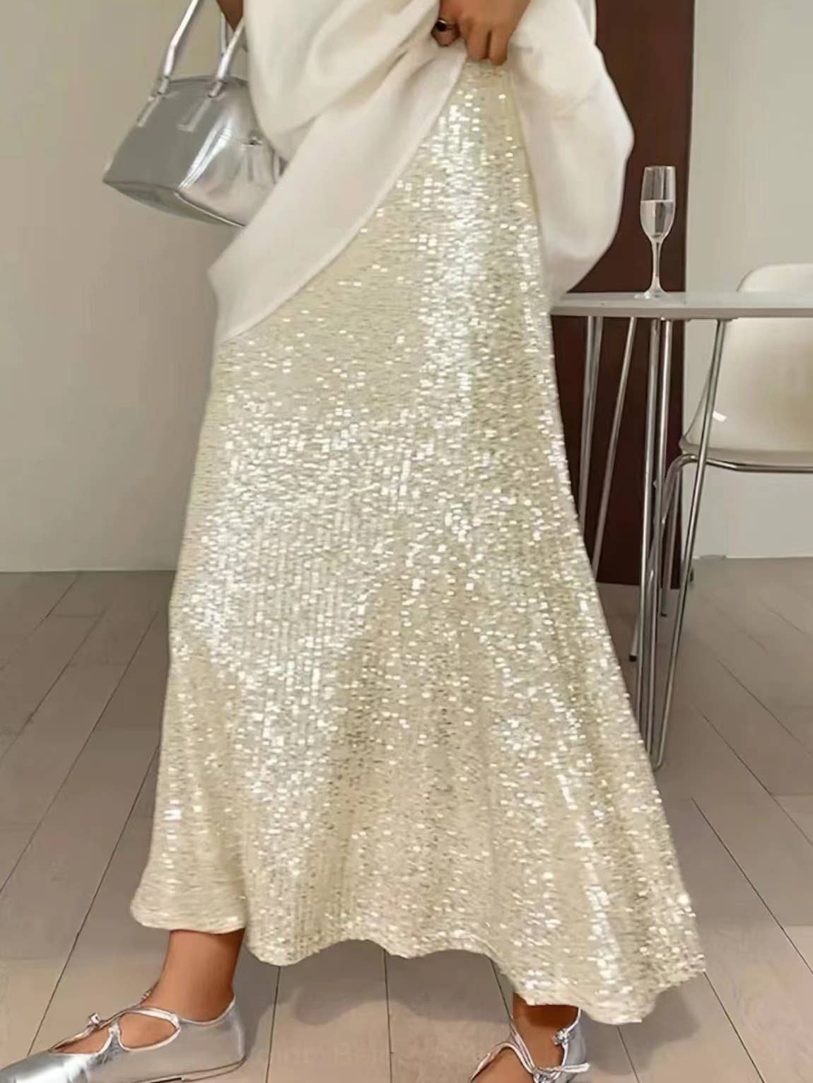 Sequined high-waisted inner elastic drape skirt