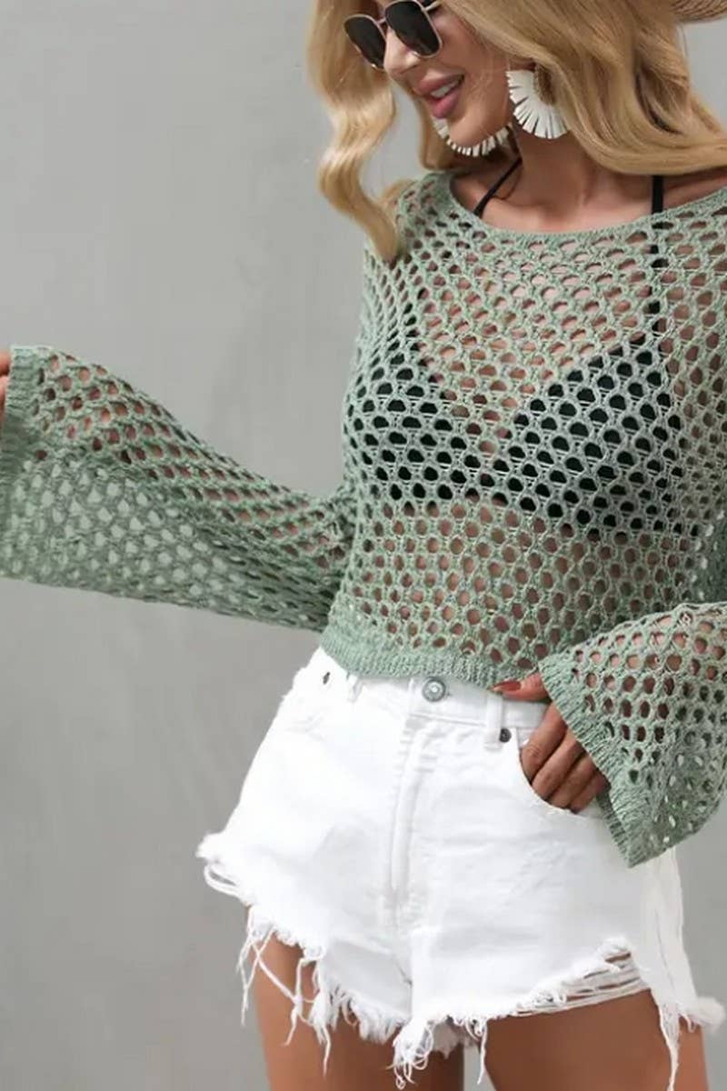 CWTSTSL0109_SPRING AND SUMMER CREW NECK HOLLOW KNIT CARDIGAN