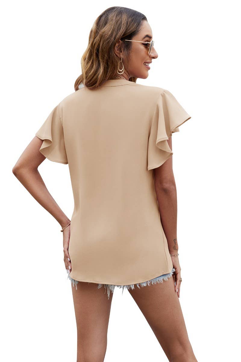 V NECK FLY SLEEVE SHORT SLEEVE CHIFFON TOP_CWTSTS0214