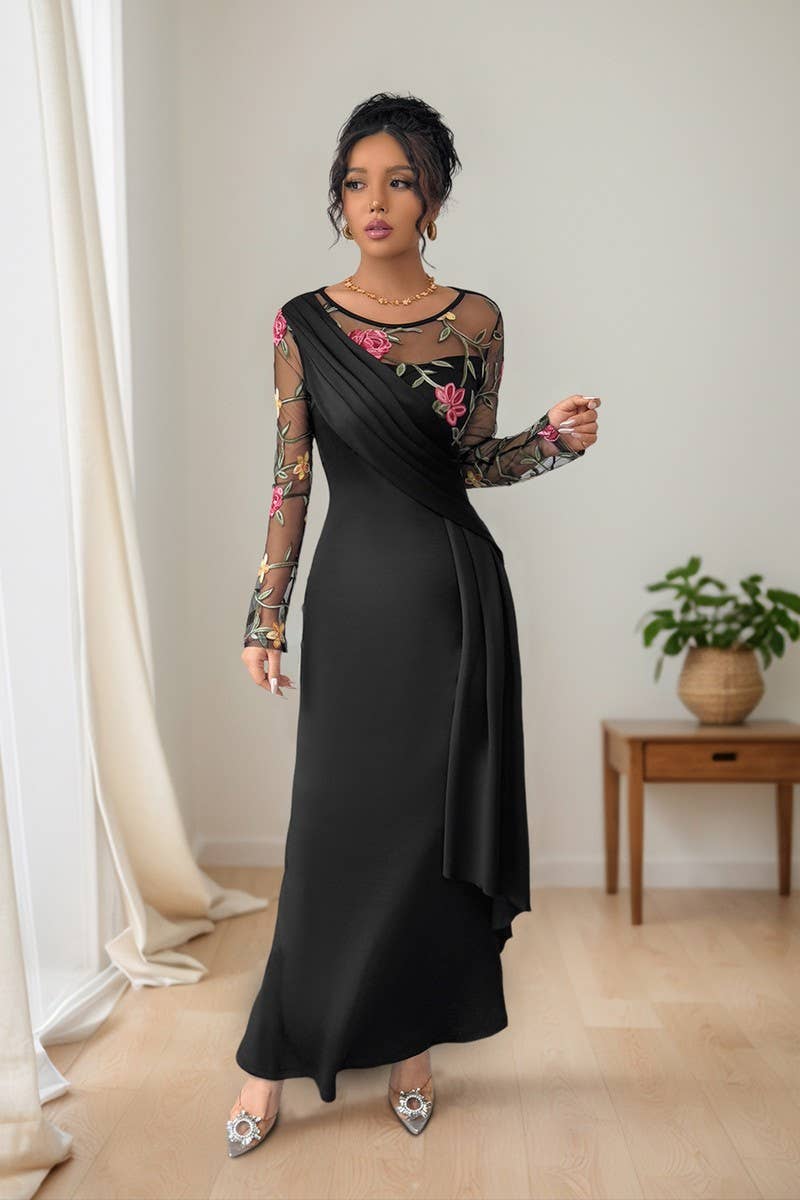 CWDMD6301_VINTAGE MESH EMBROIDERED LONG SLEEVE DRESS