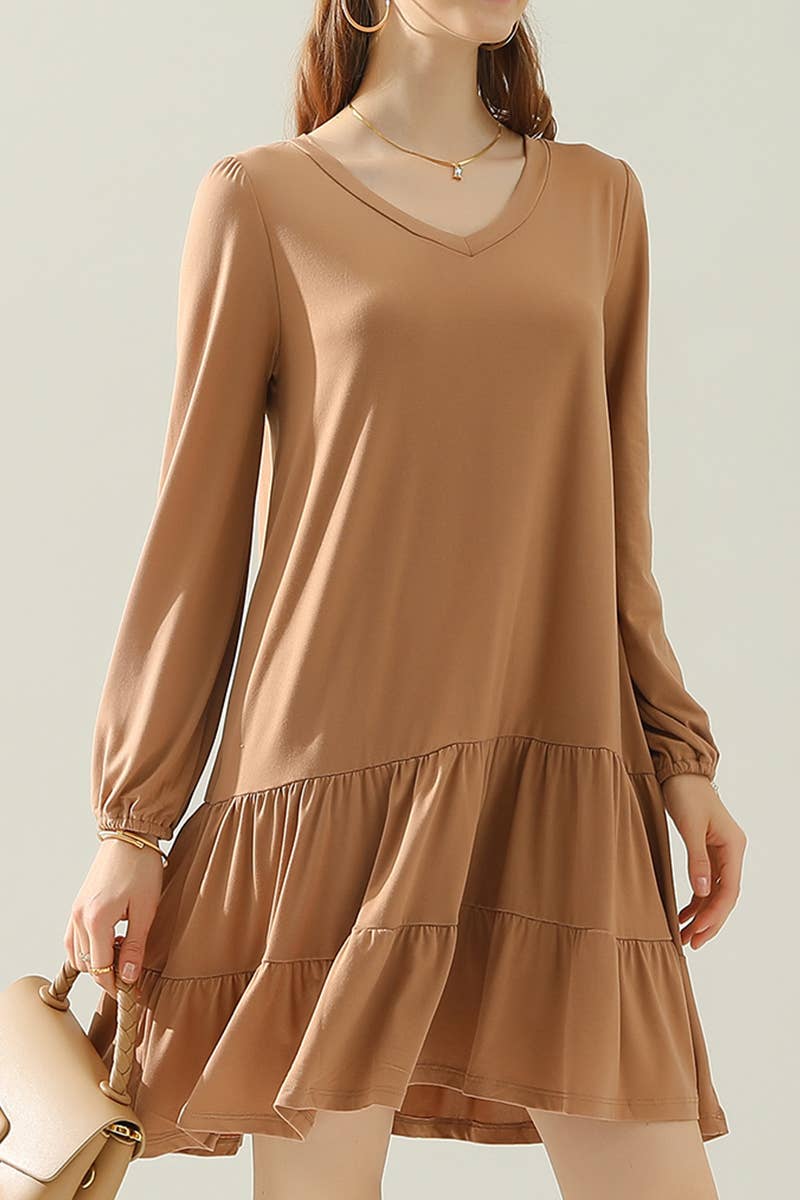 CWDSD10356_LONG SLEEVE SHIRRING LAYERED HEM MINI DRESS