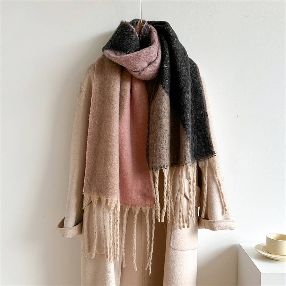 Geometric Fringe Wool Scarf,Thick Colorblock Shawl