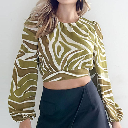 Women's short back lace-up print long-sleeved top