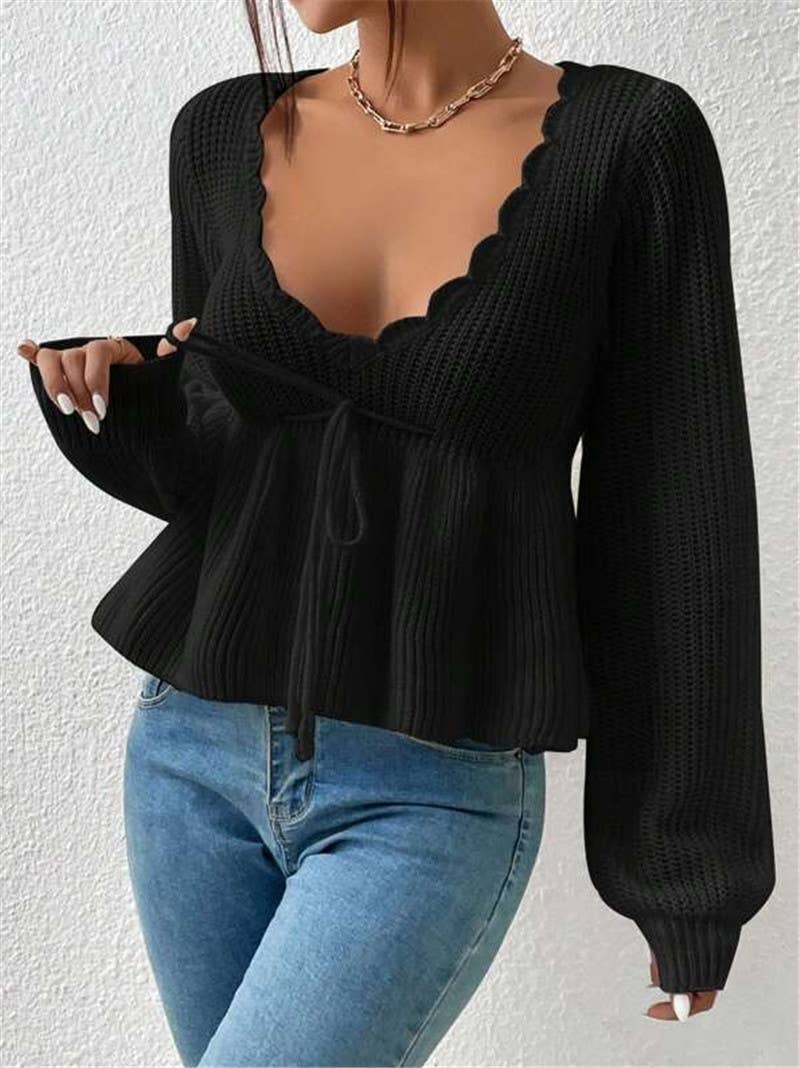 V-neck drawstring tie ruffled hem knit sweater