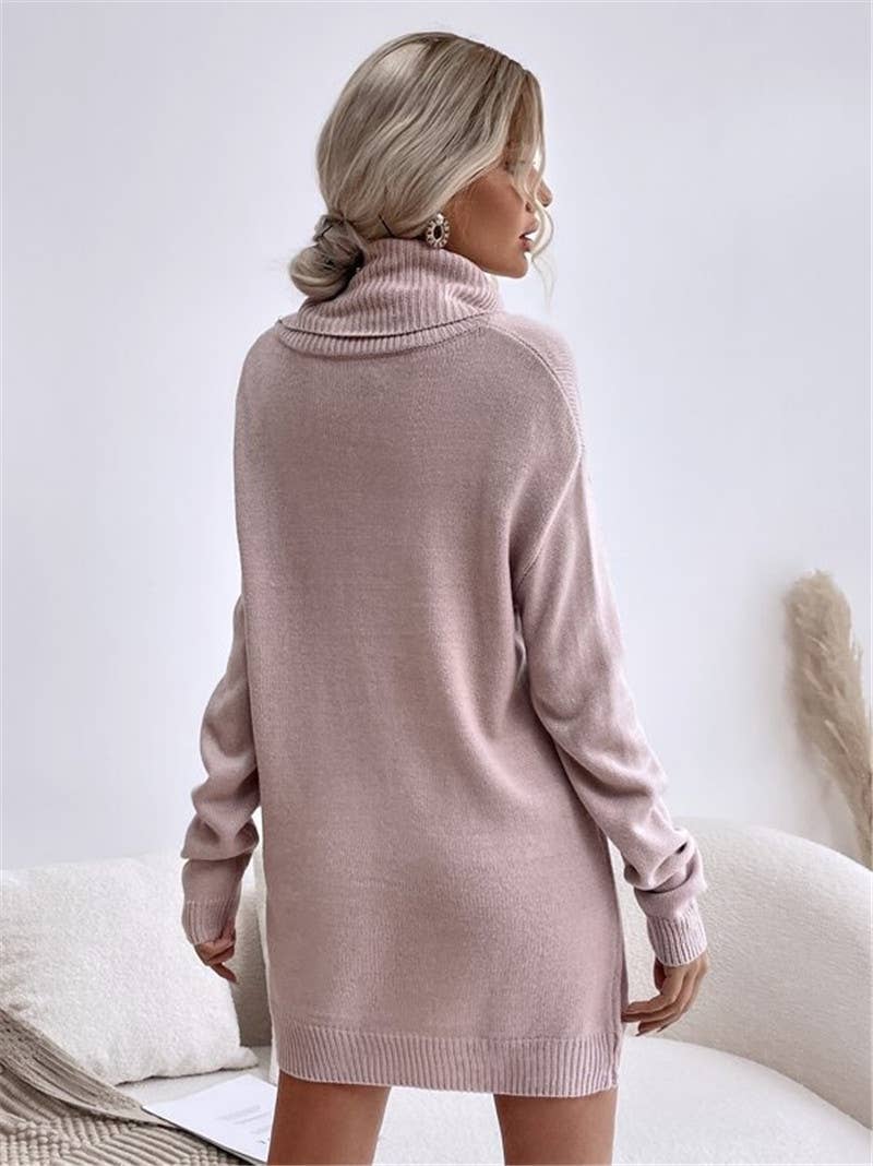 Solid-color loose high-neck knitted dress