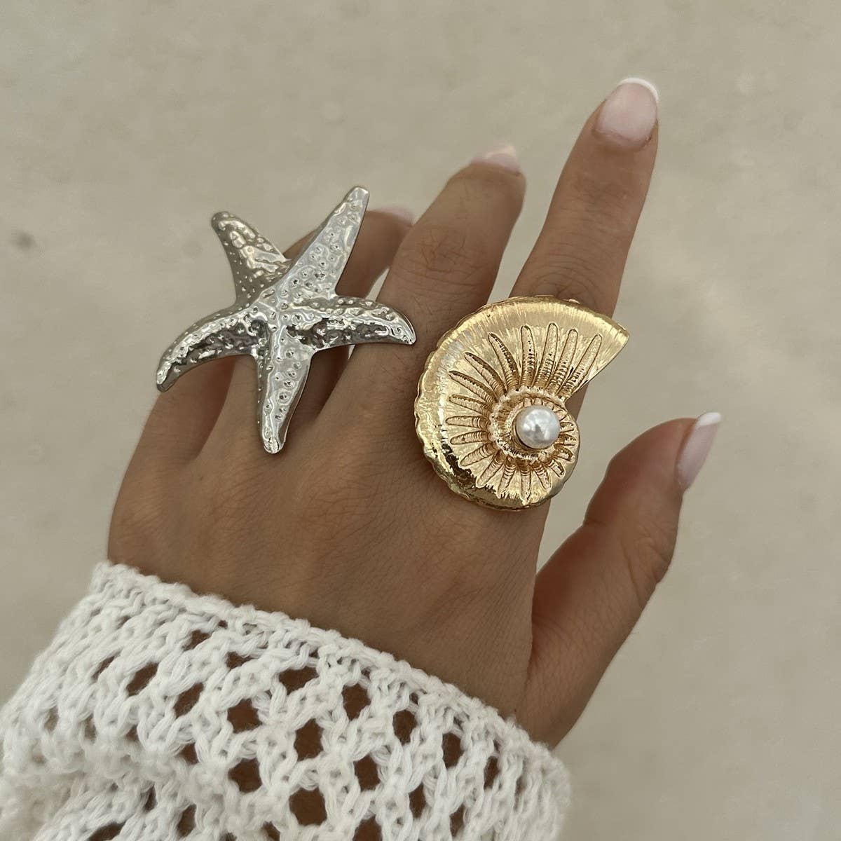 NEW BEACH IMITATION PEARL ADJUSTABLE ALLOY RING