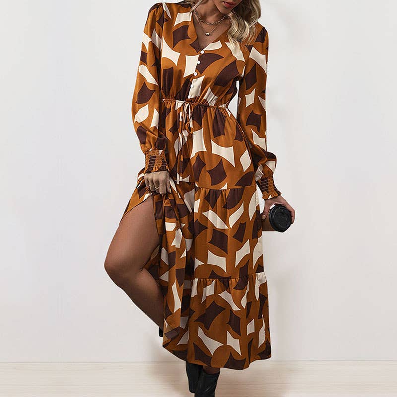 TEMPERAMENT V-NECK BUTTON-UP LONG DRESS