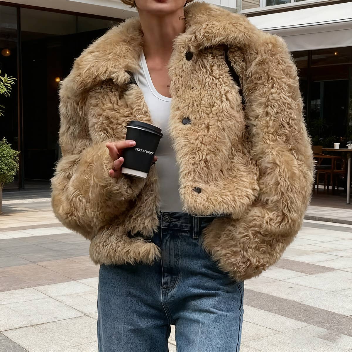 Lapel long-sleeved single-breasted faux fur coat