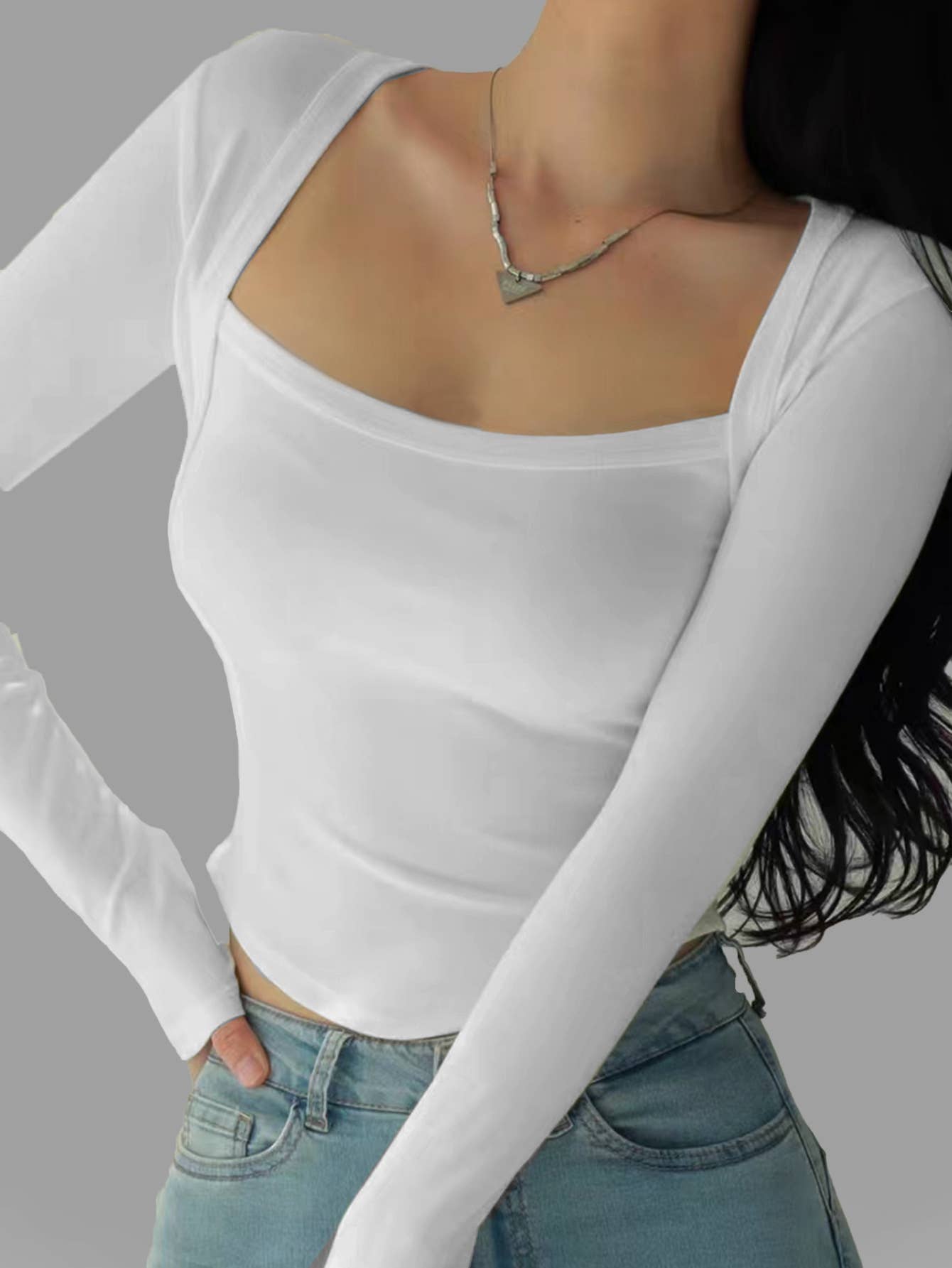 SLIM SLIM LONG SLEEVE SHORT SQUARE COLLAR TOP