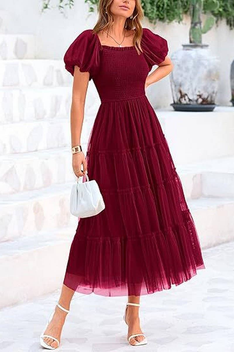 CWDMD6369_SQUARE NECK PLEATED MESH PANELED FLUFFY DRESS