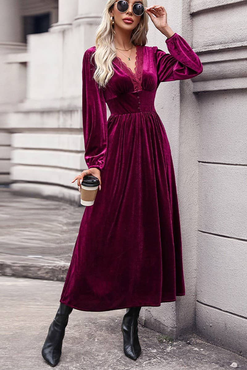 CWDMD4815_SOLID COLOR HIGH-GRADE VELVET LONG-SLEEVED DRESS
