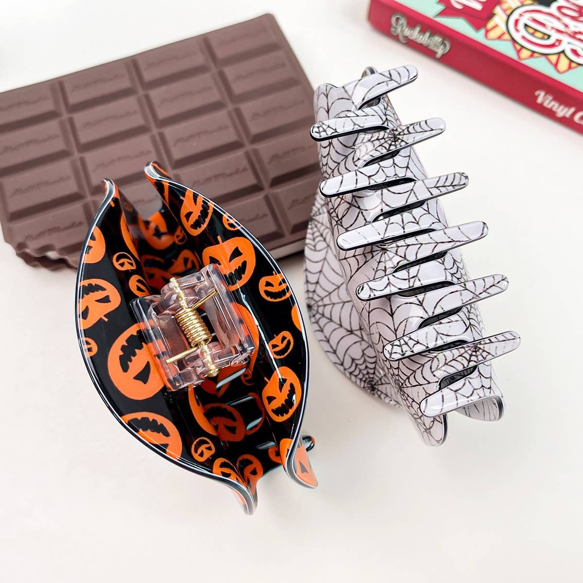 Half Circle Pumpkin Spider Web Skull Hair Clip_CWAHA1442