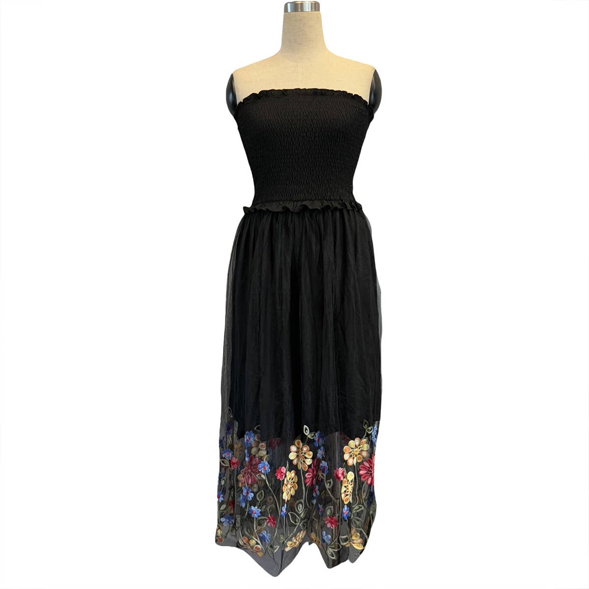 Sexy floral embroidered strapless long dress