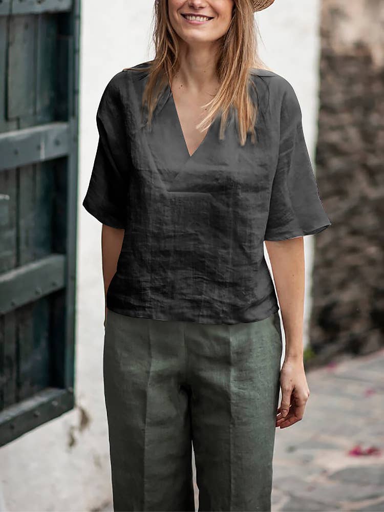 Linen wide-brimmed V-neck blouse