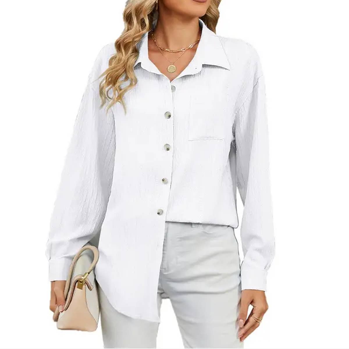 Long sleeve lapel button solid color shirt