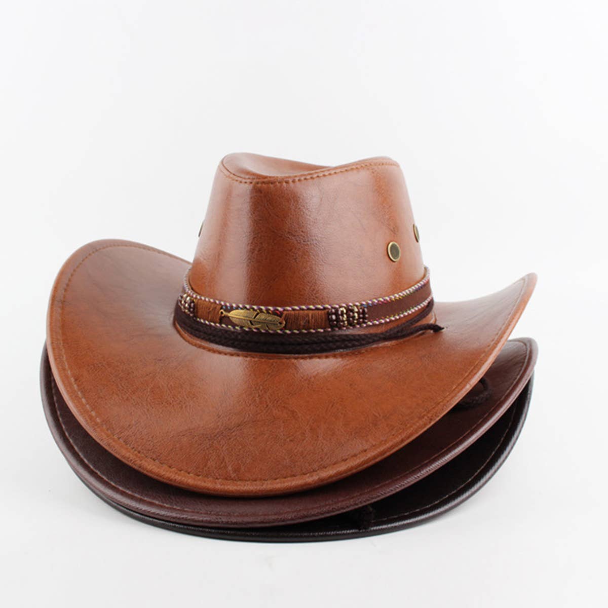 Feather Decor Western Cowboy Hat PU Suede Sun Hat_CWAH1887