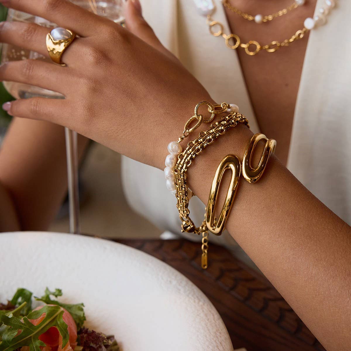 Luxury Pearl Bracelet, 18K Gold Stainless Steel