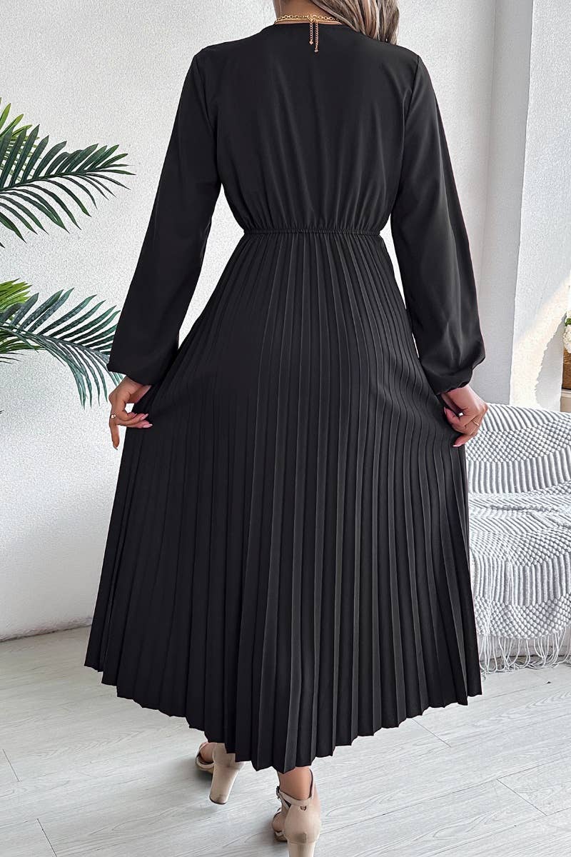 CWDMD3462_V-NECK LONG SLEEVE WAIST PLEATED DRESS LONG STYLE