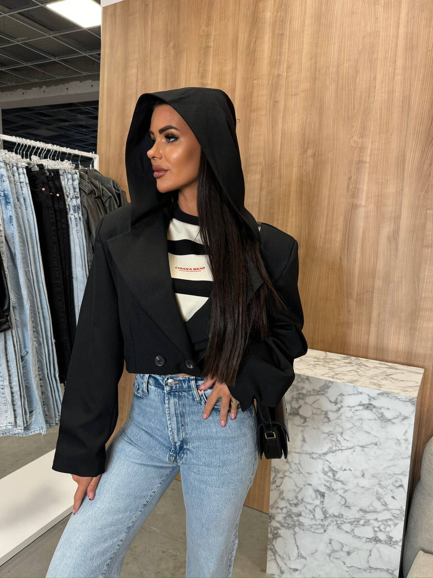 HOODED LONG SLEEVE SMALL SUIT SOLID COLOR COAT