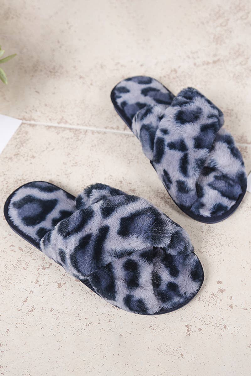 LEOPARD PATTERN CROSS FLUFFY HOME BEDROOM SLIPPERS