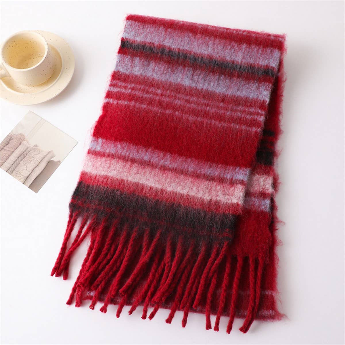 Color Stripe Fluffy Tassel Scarf for Winter