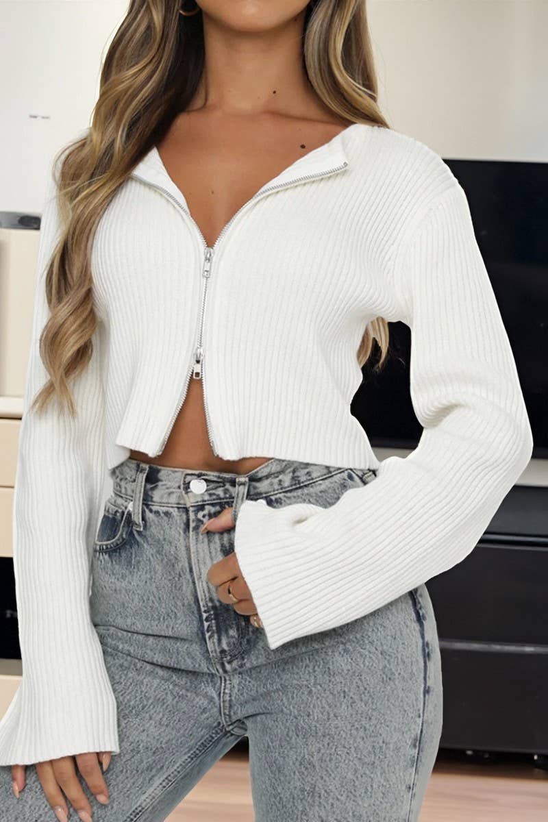 CWOCAL00613_SEXY SOLID LONG SLEEVE ZIP CARDIGAN