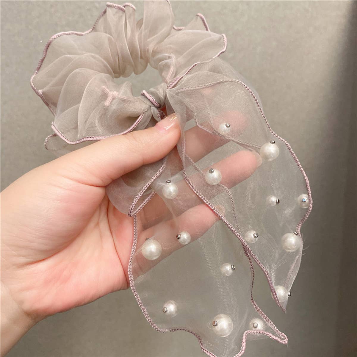 SIMPLE MESH PEARL BEAD BOW HAIR ROPE_CWAHA1099