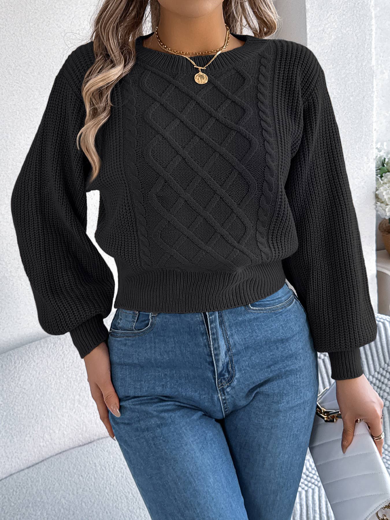 Lantern long-sleeved cinched-waist sweater