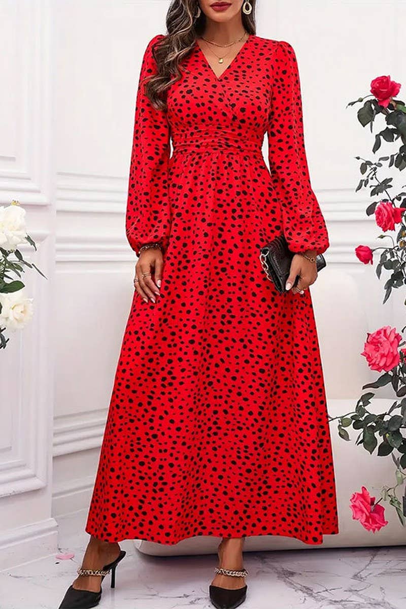 CWDMD5067_V-NECK WAIST POLKA DOT PLEATED LONG SLEEVE DRESS