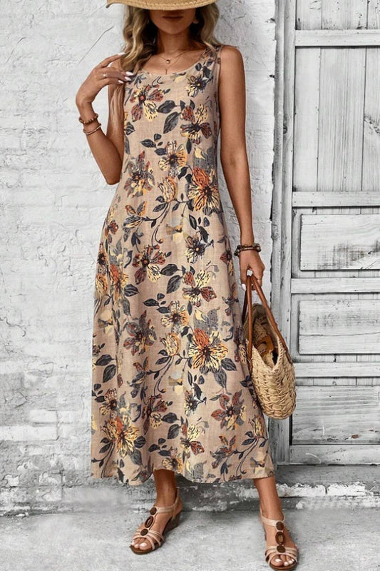 CWDMD5872_SLEEVELESS FLORAL PRINT ROUND NECK A-LINE DRESS