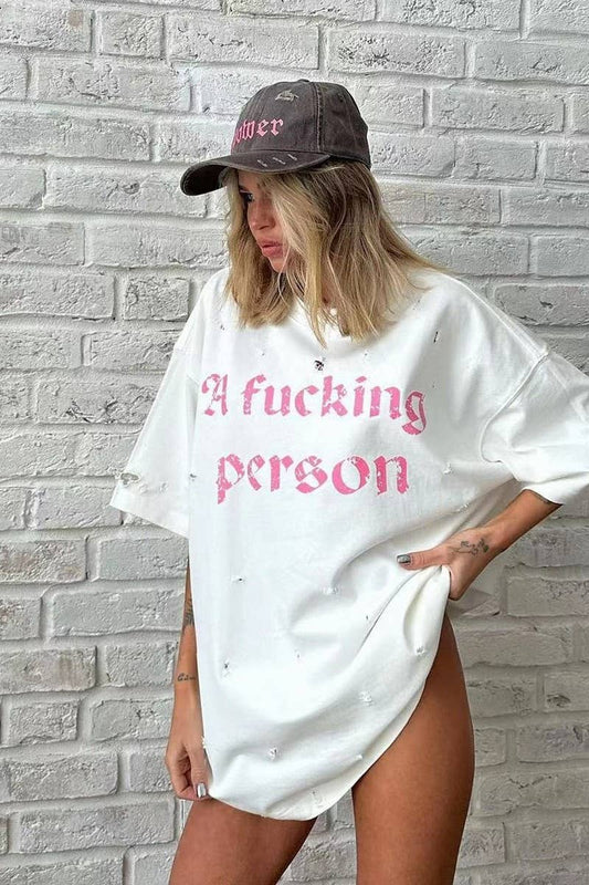 Cwtts1287_Letter Print Ripped Style Mid-Length Short Sleeve