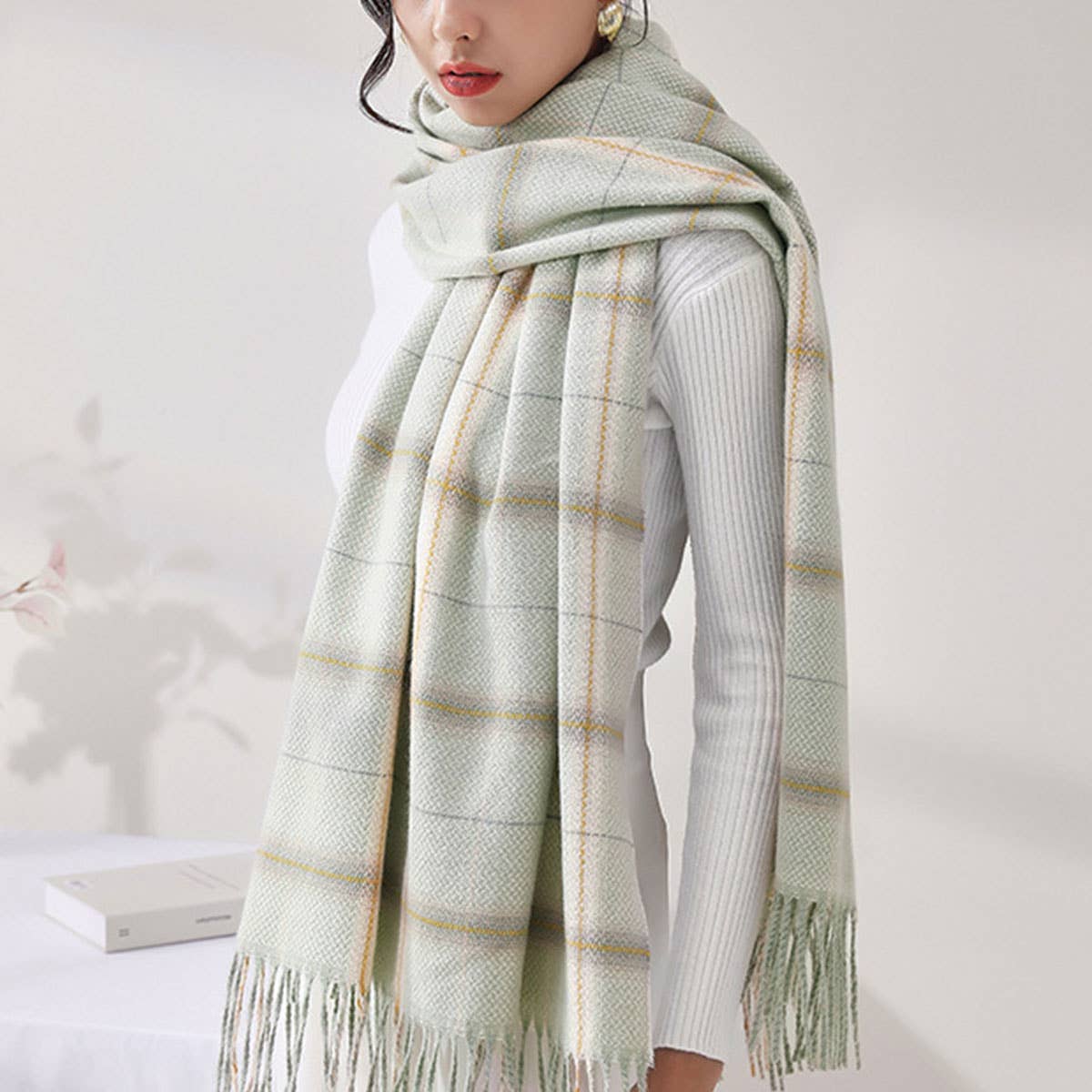 Plaid Faux Cashmere Scarf - Tassel Winter Shawl_CWASC0218