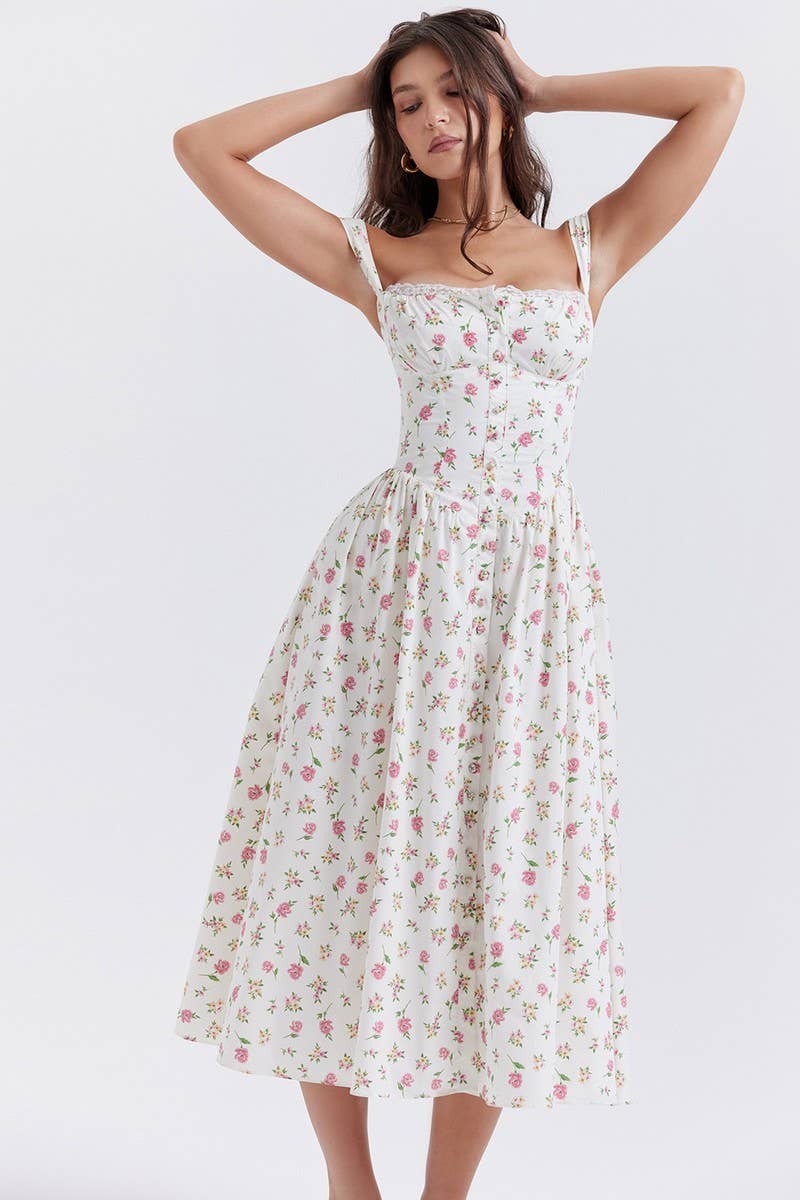 CWDMD5937_FLORAL STRAPLESS SHORT SLEEVE CAMI DRESS