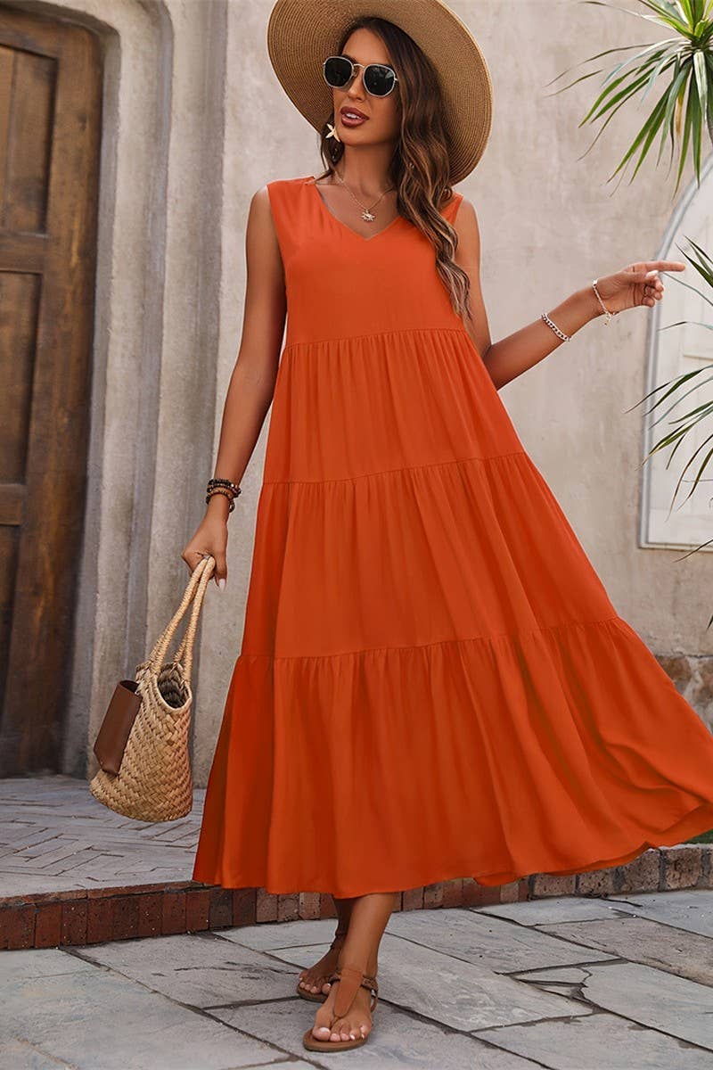 CWDMD4880_SOLID V NECK TIERED HEM SLEEVELESS DRESS
