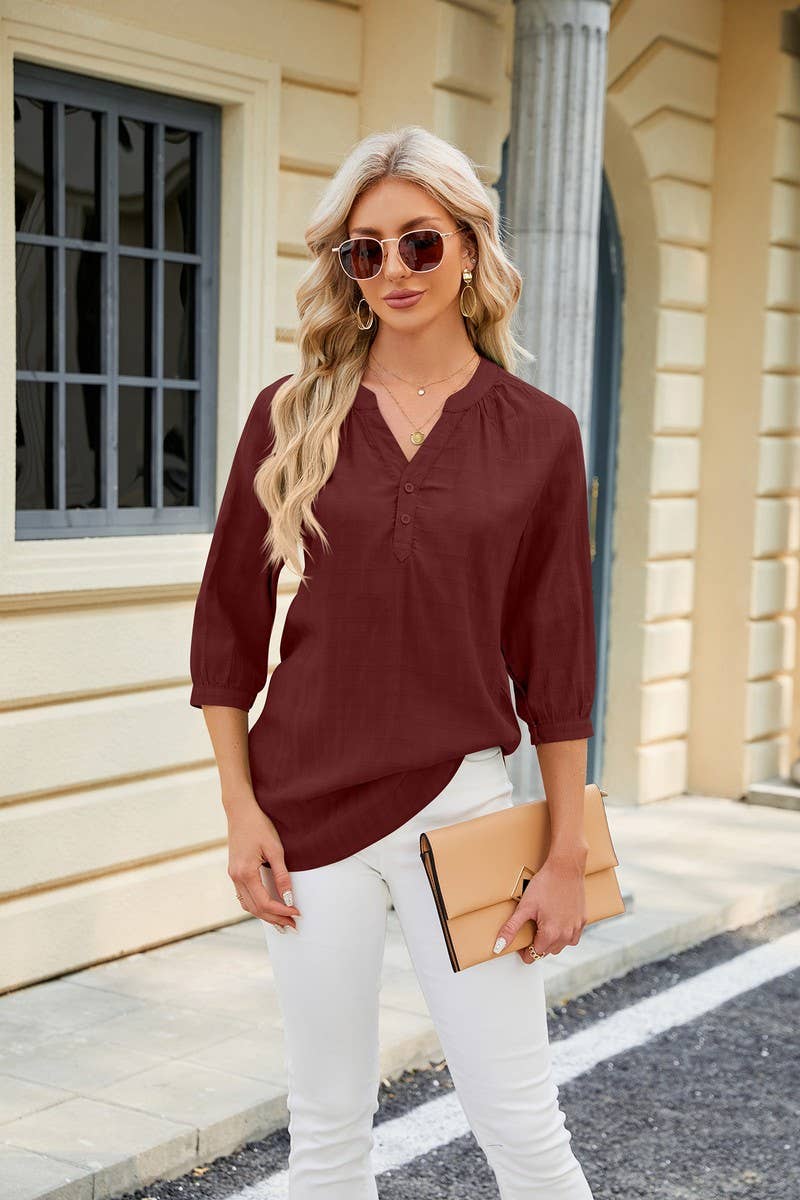 V NECK BUTTON UP T SHIRT_CWTSTS0283