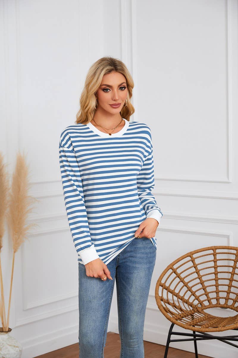 STRIPED CREW-NECK LONG-SLEEVED PULLOVER HOODIE