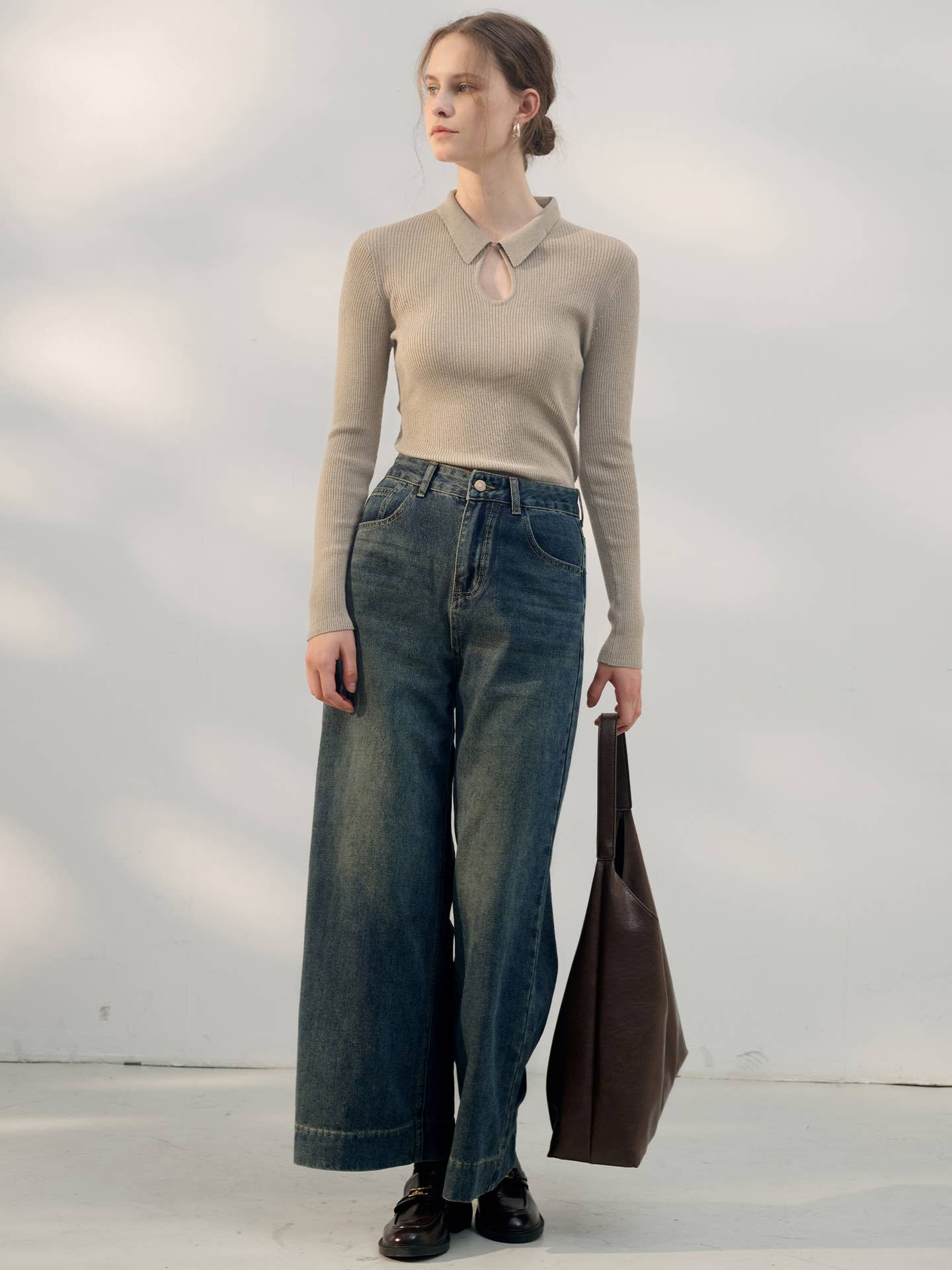 Retro high-waisted simple loose wide-leg jeans