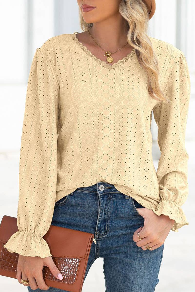 WOMEN LACE TRIM NECK EYELET LONG SLEEVE SHIRT TOP_CWTSTL0301