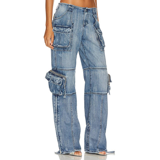 MID RISE STRAIGHT MULTI POCKET DESIGN CASUAL JEANS