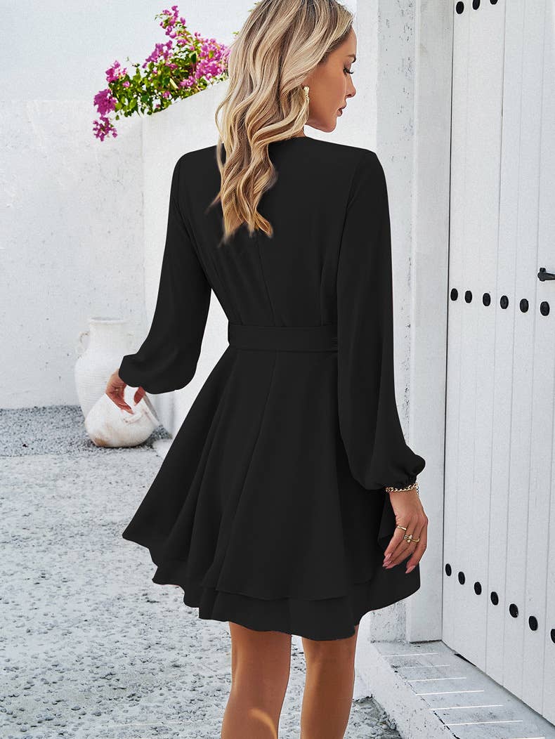 SOLID COLOR TEMPERAMENT LONG-SLEEVED DRESS