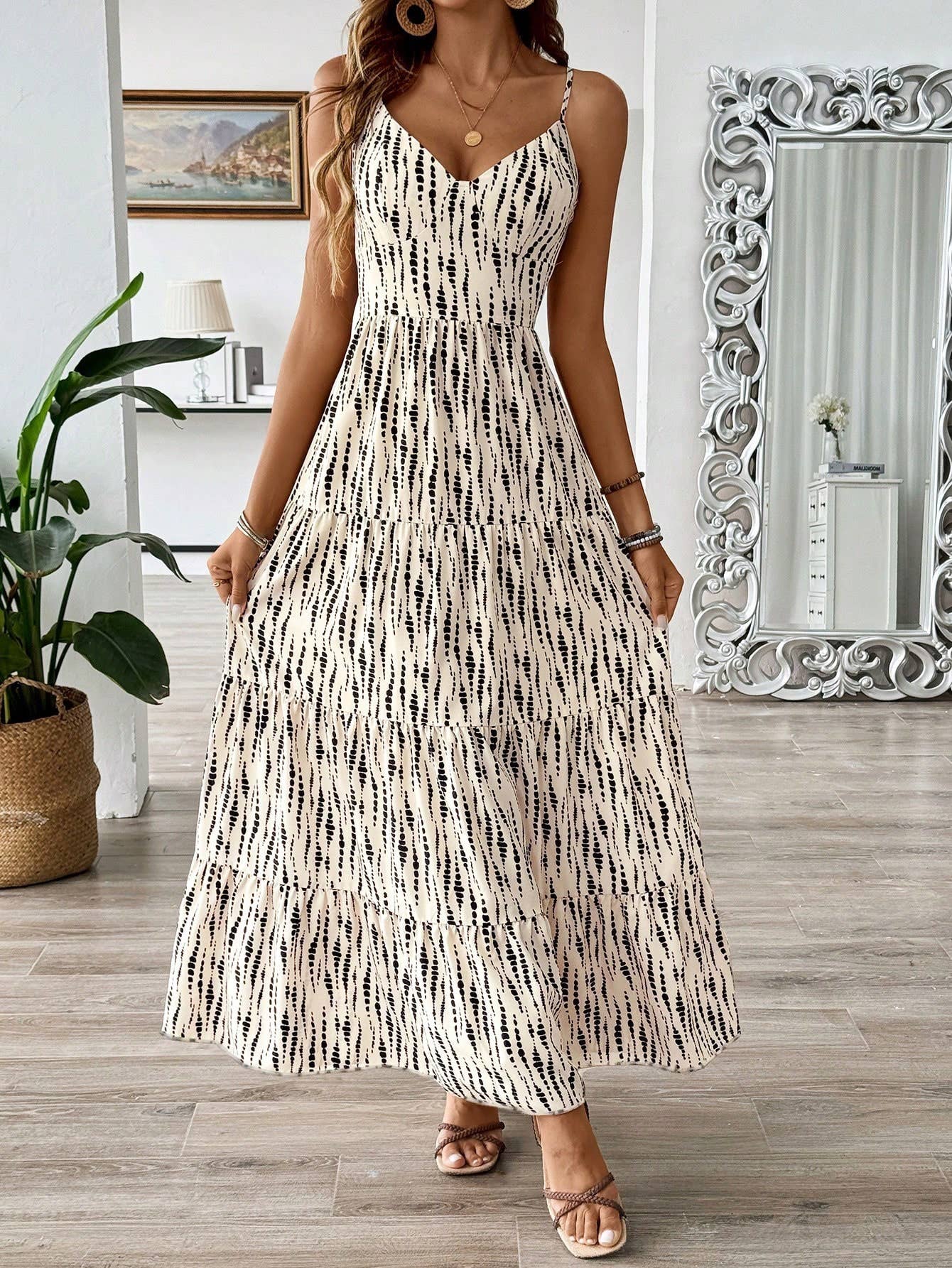 Irregular stripes hollowed-out back long dress